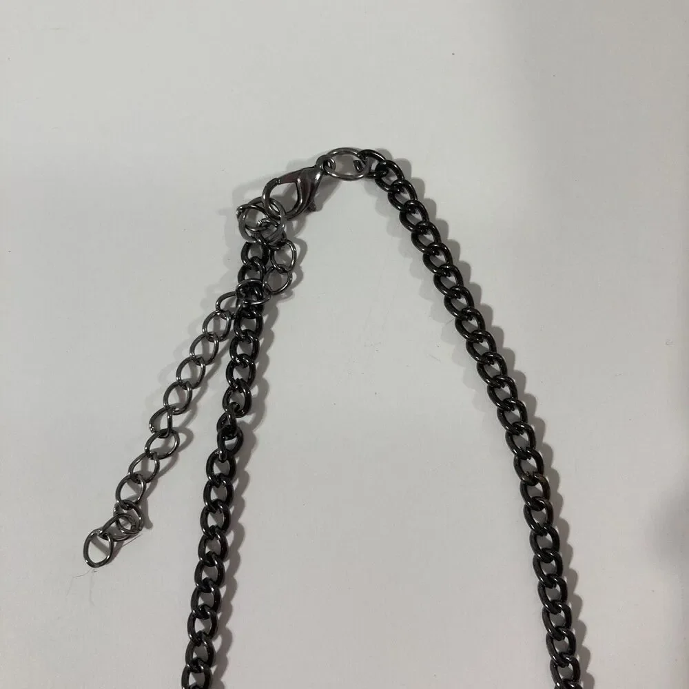 Long Gun Metal Gray Indented Oval Ring Layered Chain Statement Necklace
